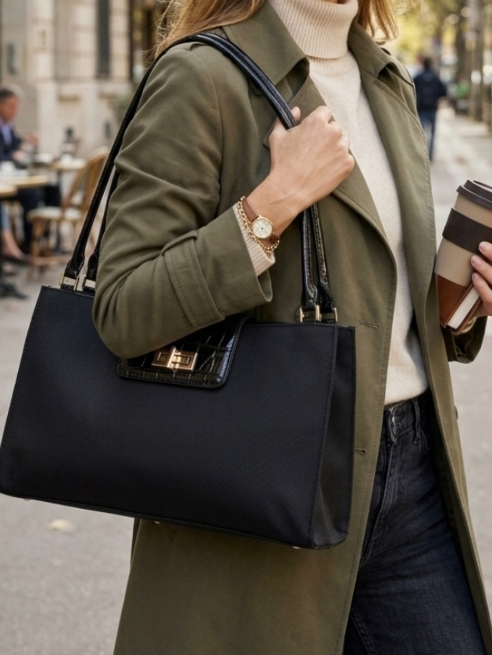 Vintage - City DKNY - Black Shoulder Bag | Croc-Embossed Detail